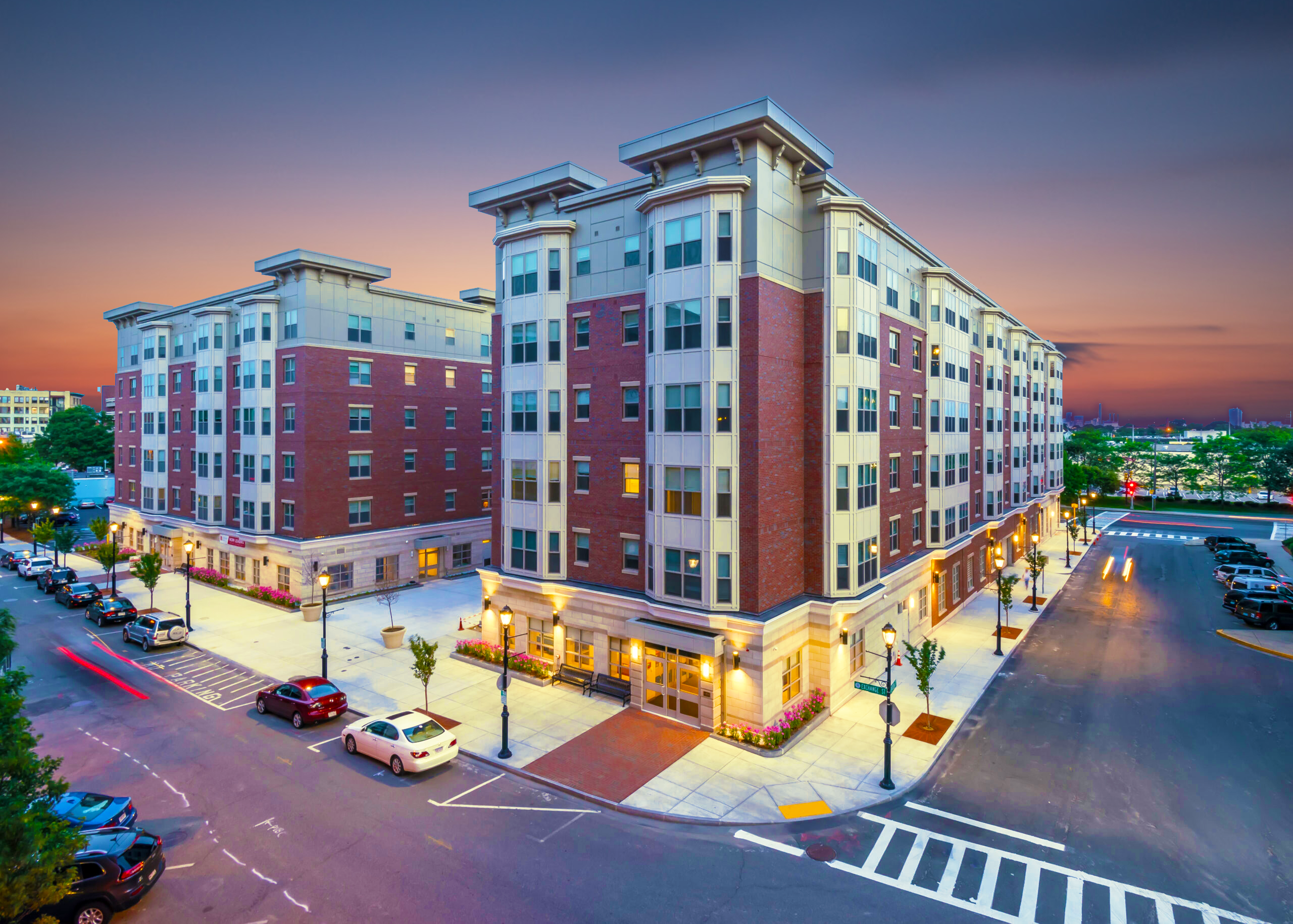 gorgeous exterior of Exchange street during sunset